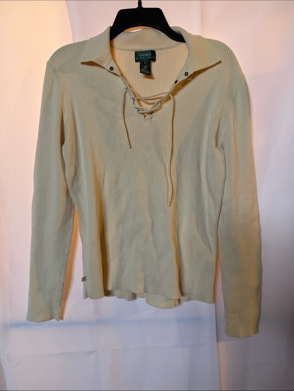 Lauren Ralph Lauren Lace-Up V-Neck Ribbed Sweater - Cream
